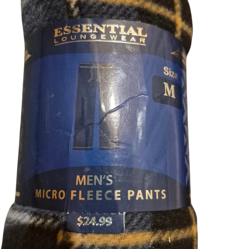 Men's Micro Fleece Pants Essential Loungewear Medium  Blue Plaid Drawstring New - Picture 2 of 9